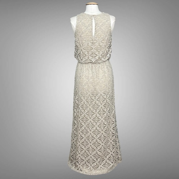 London Times Women Dress 6 Beige Crochet Lace Sheer Lined Maxi Boho Beach Hippie - Picture 4 of 13